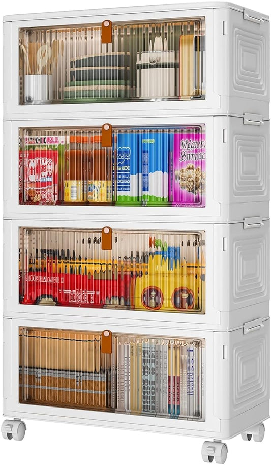 4 Tier Plastic Storage Bins with Lid 35QT, Stackable Storage Containers with Wheels, Folding Boxes, Collapsible Bins, Closet Organizers and for Living Room,Office,Dorm