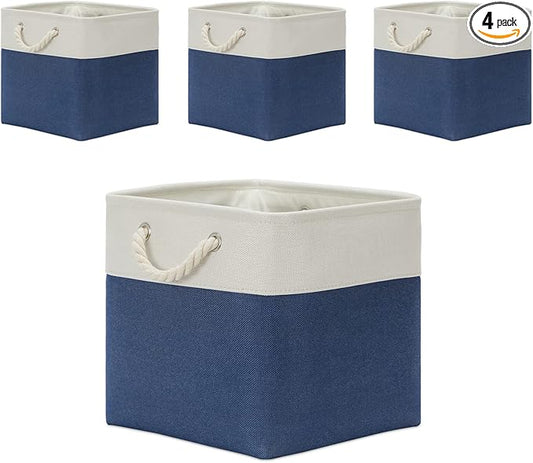 Temary Storage Baskets for Shelves 13x13 Baskets for Gifts Empty, 4 Pack Shelf Baskets Large Storage Baskets Cube Storage Bins Fabric Storage Cubes with Handles for Shelves (White&Blue)