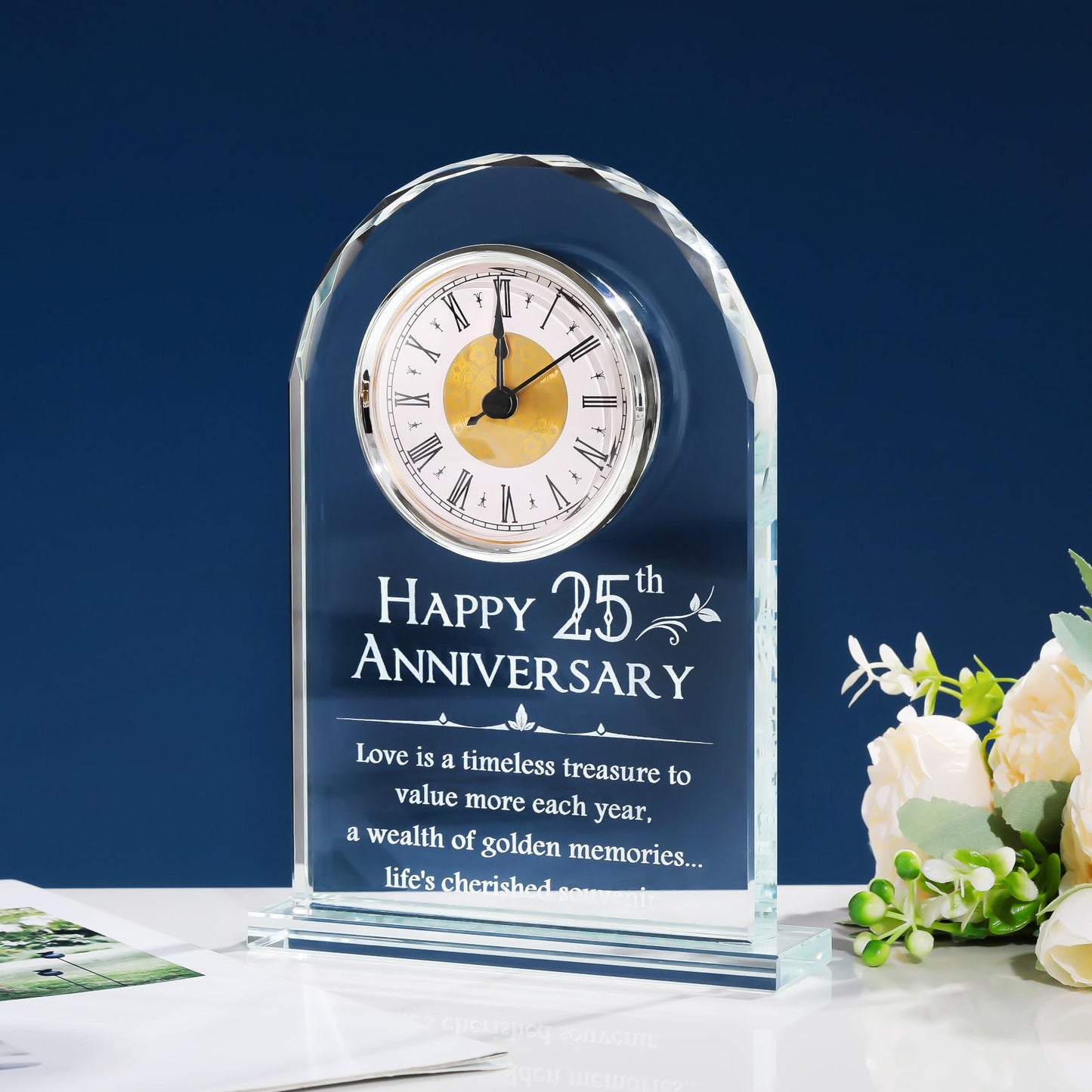 YWHL 25th Wedding Anniversary Clock Gifts for Couple, 25 Year Anniversary Keepsake Gifts for Husband/Wife, Glass Clock Decoration for 25 Years for Marriage (Battery not Included)