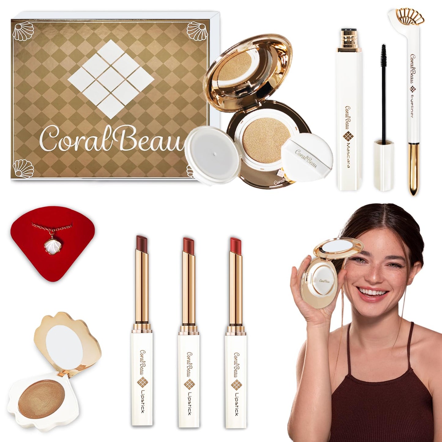 Shell Makeup Set - All in One Makeup Kit for Women with Compact BB Cream Powder, Eyeshadow Palette with Brown Shades, Eye Shadow Brush, Mascara, 3 Lipsticks, Necklace - Make Up Gift Set Box