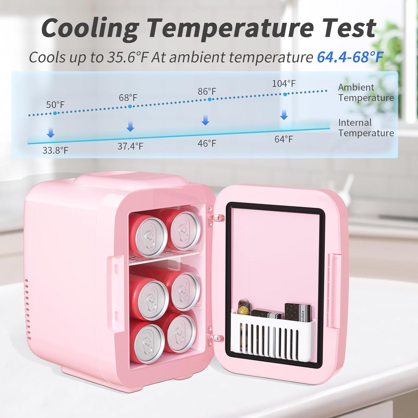 YASHE Skincare Fridge Mini Fridge for Bedroom with Dimmable LED Mirror, 4Liter/6 Cans Cooler and Warmer for Makeup, Cosmetic, Beauty, Portable Refrigerator for Bedroom, Vanity, Office and Car- Pink