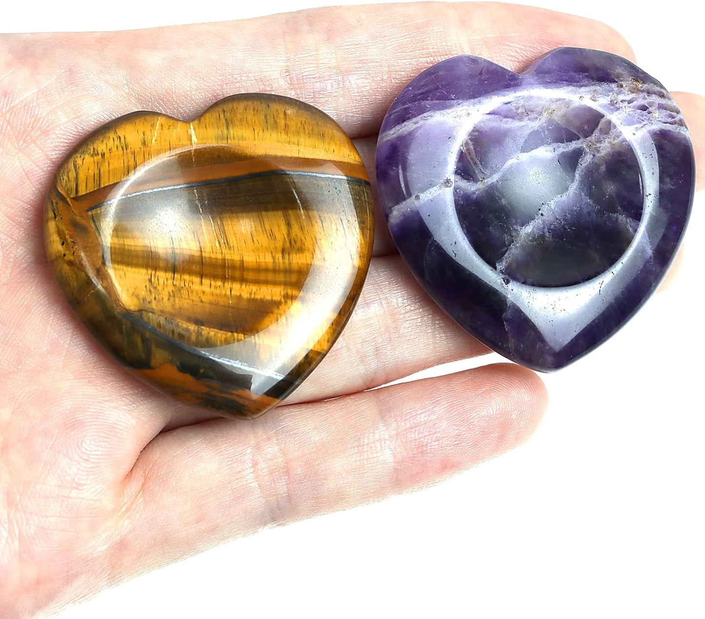Heart Worry Stones for Anxiety, 2PCS Amethyst Tiger Eye Crystals and Healing Stones, Pocket Natural Stone Meditation Reiki Palm Polished Thumb Stone Therapy Stress Relief Gift for Women