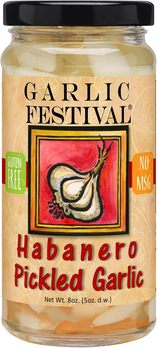Garlic Festival Foods Habanero Pickled Garlic Cloves in a Jar - Habanero Pickled Garlic - Fresh Garlic Cloves for Cooking - Freshly Made - Subtly Infused, Pre-Prepared Garlic - Net Wt. 8 oz.