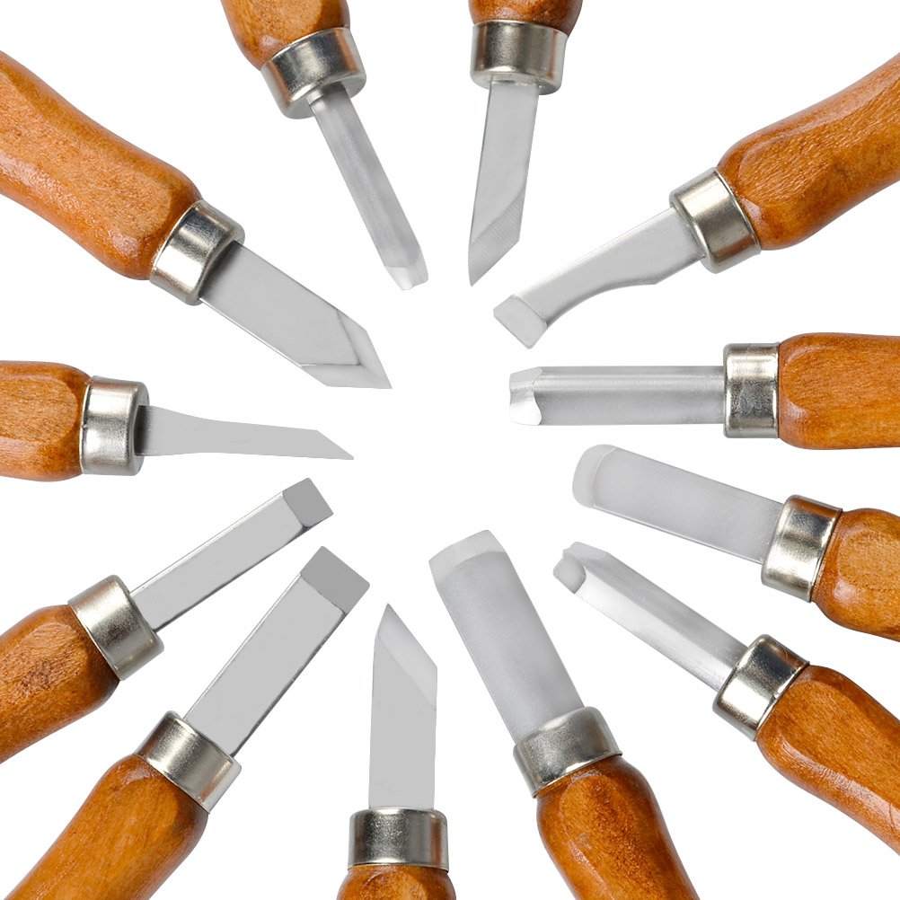 TIMESETL 17Pack Small Wood Carving Set, 12pcs Wood Carving Tools SK2 Carbon Steel + 4pcs Whetstone + 1pcs Storage Case for Beginners DIY Woodworking Sculpting Whittling with Safety Cap
