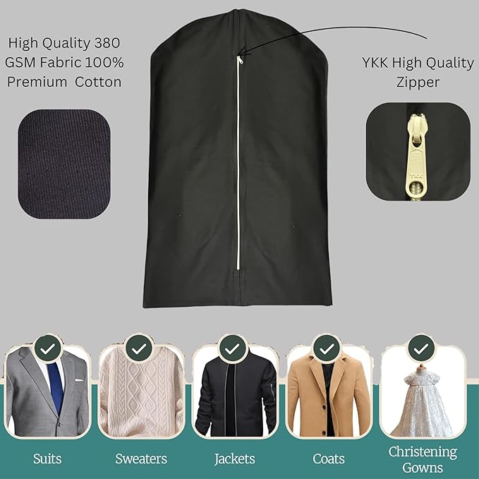 Garment Bag for Hanging Clothes – Organic Cotton Suit & Coat Cover with Zipper | Breathable Closet Organizer for Travel & Storage (Large (24"x48"), Black)