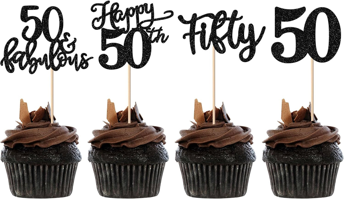 Rsstarxi 24 Pack Glitter 50th Birthday Cupcake Toppers Fifty 50 Fabulous Cupcake Picks Decorations for Happy 50th Birthday Wedding Anniversary Party Cake Decorations Black