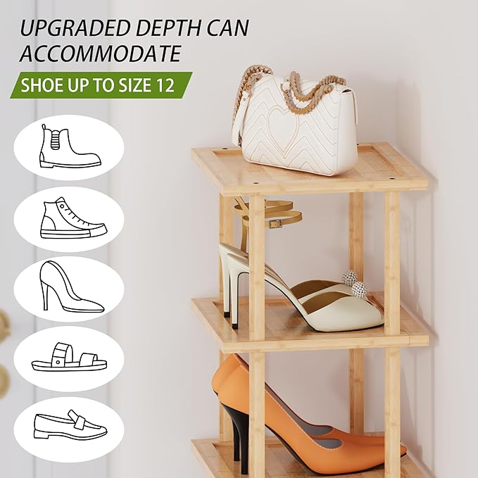 Vertical Tall Shoe Rack Organizer for Entryway -12 Tier Free Standing Slim Narrow Bamboo Wood Corner Stackable Shoe Boots Storage Stand Small Spaces for Closet Garage Cloakroom Living Room (Nature)