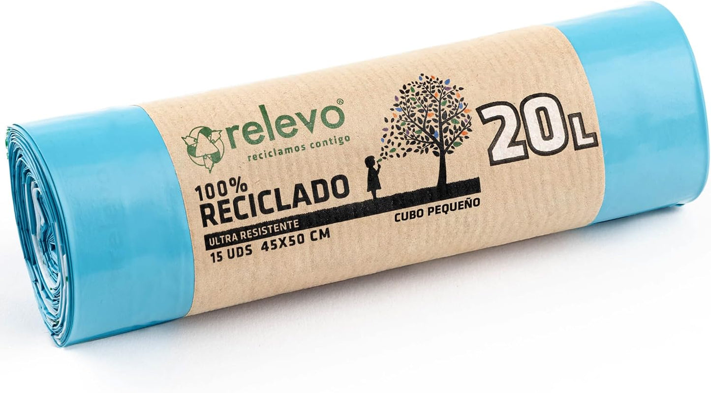 Relevo 100% Recycled Bin Liners, Heavy Duty 20L, 15 Bin Bags