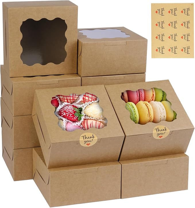 WINKIO 12 Pieces Cookie Boxes with Window, 6Ã6Ã3 Inches Treat Boxes for Bakery Dessert Pastry Mini Cake Favor Donut Baked Goods (brown, with Stickers)