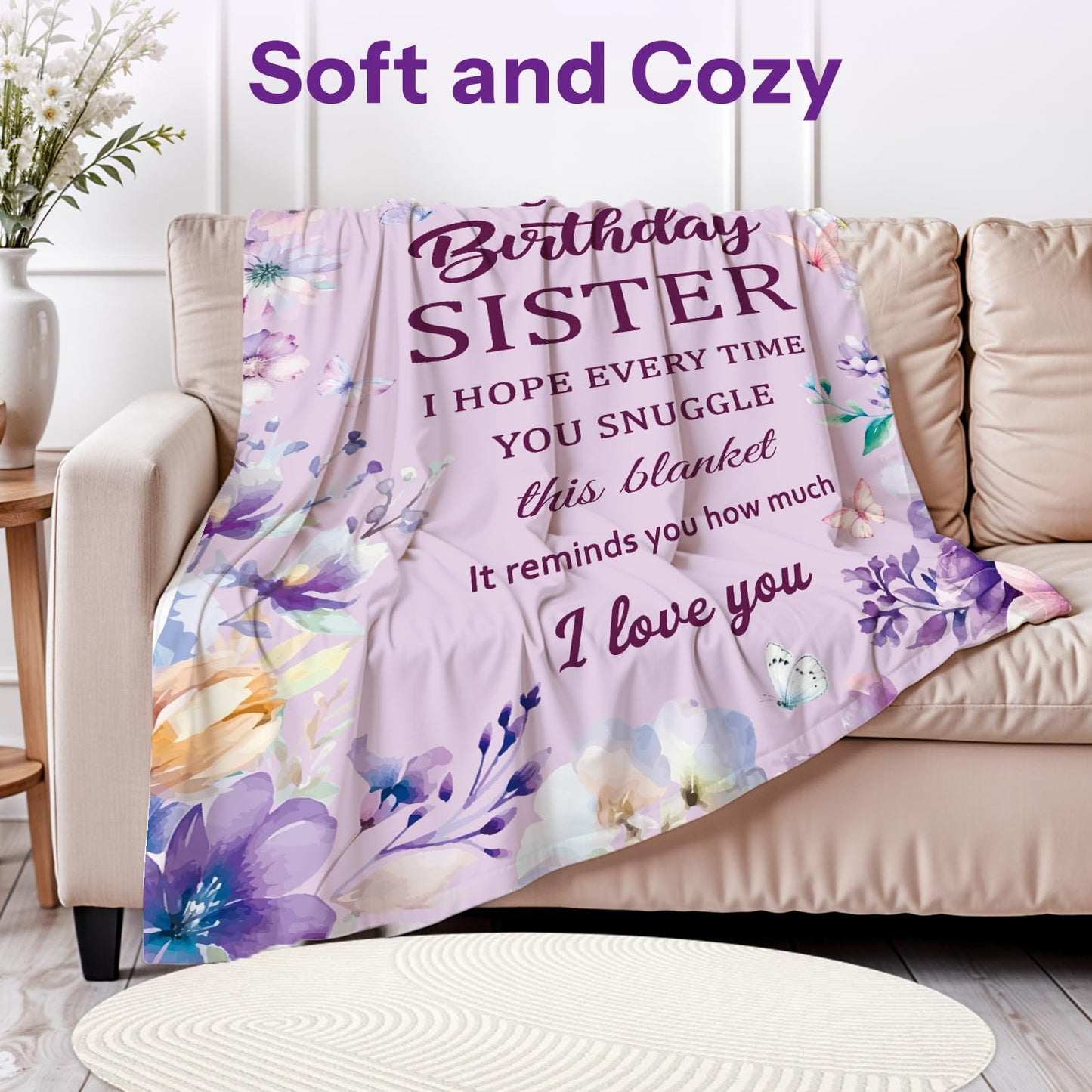 Happy Birthday Sister Blanket, Sisters Birthday Gifts, Gifts for Sister Birthdays, Sisters Gift from Sis, Birthdays Present for Sis Throw Blanket, Purple, 50"X60"