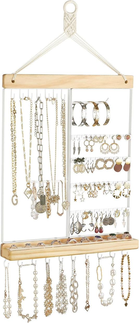 Mkono Hanging Jewelry Organizer Wall Mounted Earring Holder Metal Necklace Holder Wood Shelf with 55 Holes and 7 Hooks Display Rack For Storage Bracelet Rings Ear Studs Accessories Women Bedroom Decor