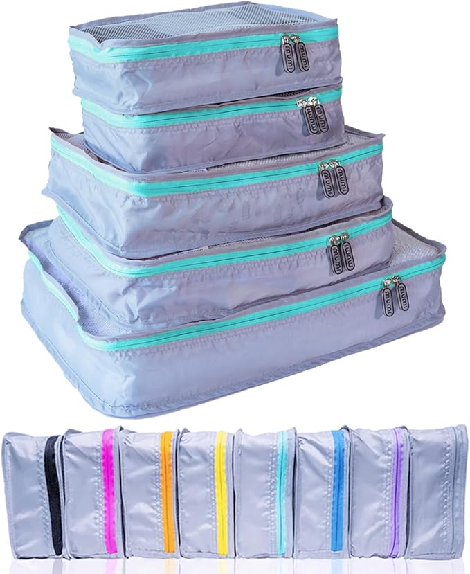 MUMI Packing Cubes - 5 Compression Packing Cubes for Travel, Luggage Organizer Bags for Suitcases, Carry-On, Duffle or Backpack â Mesh, Waterproof Bags for Clothes, Kids & Travel Accessories - Aqua