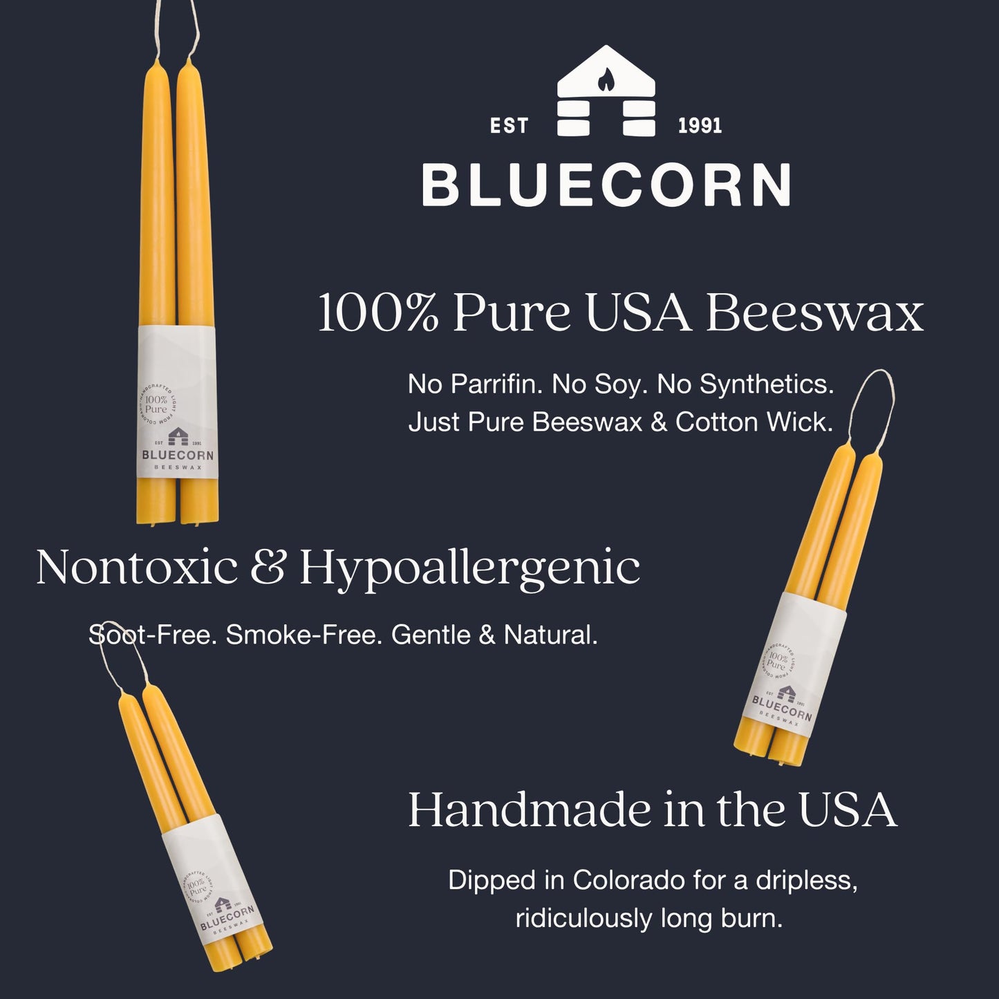 Bluecorn Beeswax Taper Candles, 100% Pure Natural Bees Wax, Pair of 10 Inch Yellow Tapered Candlesticks, Clean Burning & Dripless, Fragrance Free, Long Lasting, Home Decor, American Made, 1 Count