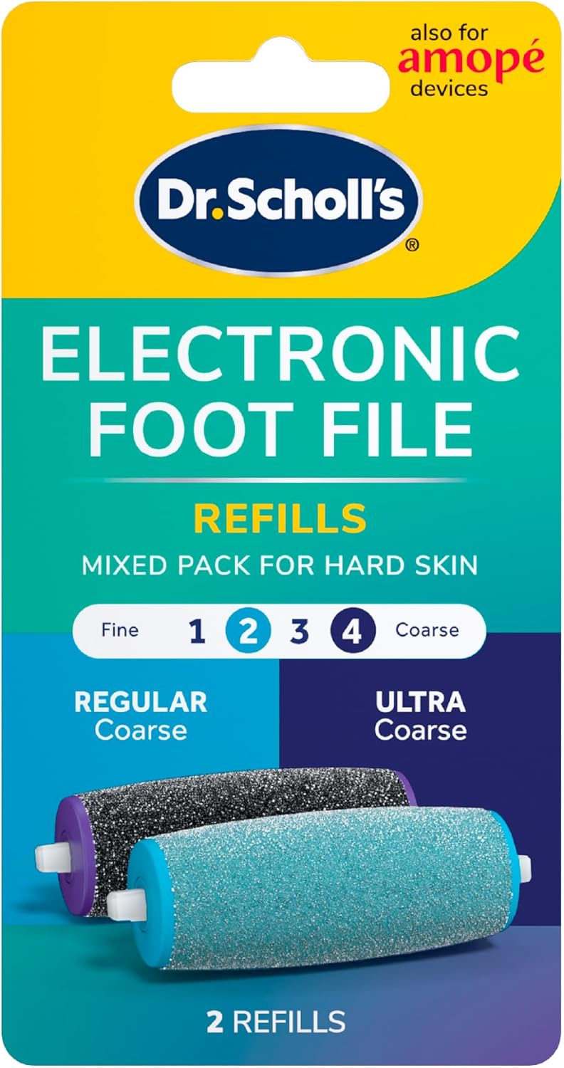 Dr. Scholl's Mixed Electric Foot File Roller Head Refills, 2 Count, with Diamond Crystals, Removes Hard & Dead Skin, Mixed Pack for Hard Skin, 1 Regular Coarse & 1 Ultra Coarse Refill