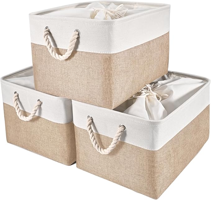 HOdo Home 15.8Ã11.8Ã9.5 In/3PCS Fabric Storage Bins with Drawstring Closure and 2 Bold Handles, Collapsible Large Cubes Canvas Baskets for Organizing Shelf Nursery Home Closet (White and Yellow)