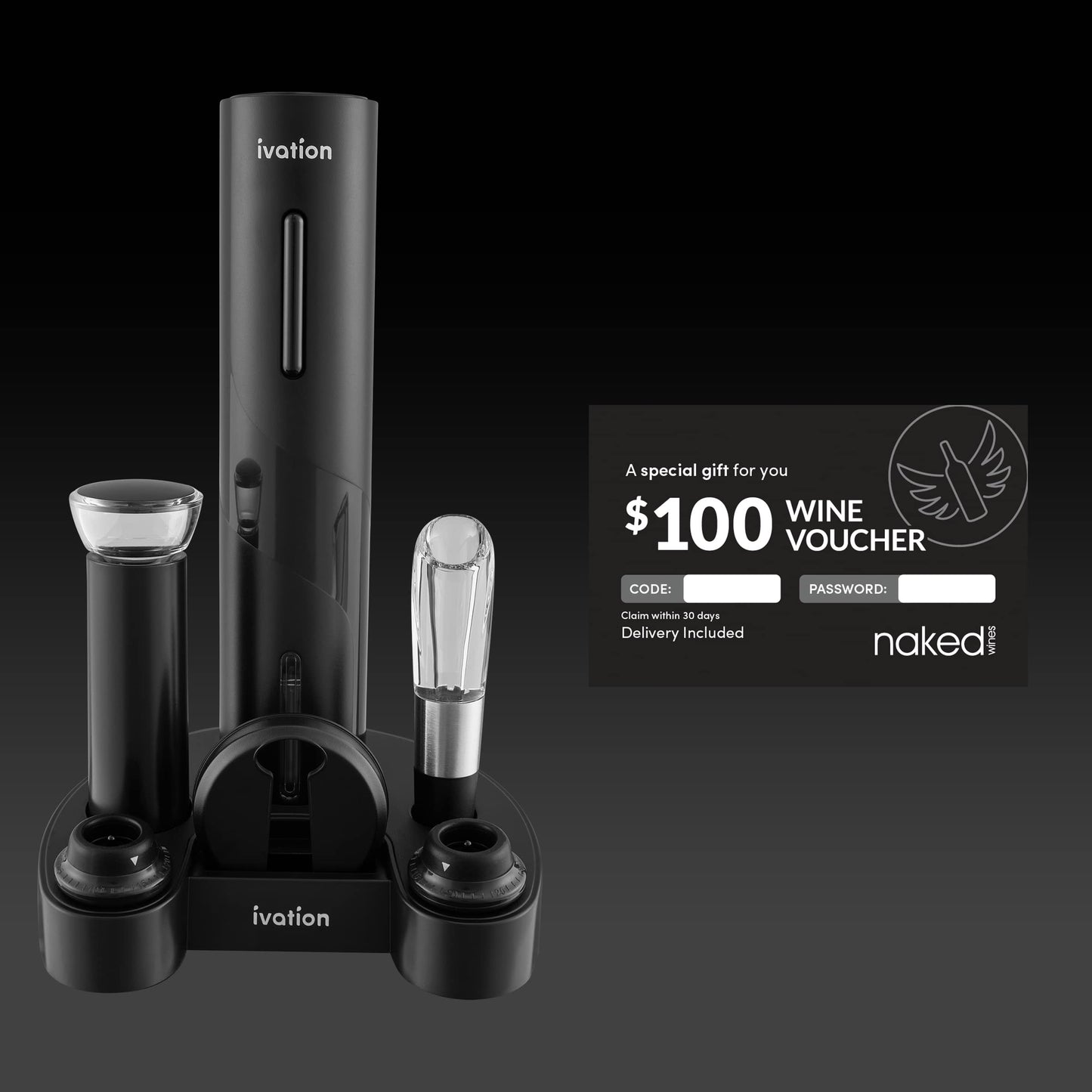 Ivation 7-Piece Wine Gift Set – Includes Electric Bottle Opener, Wine Aerator, Preserver Pump, 2 Cork Stoppers, Foil Cutter & Stand