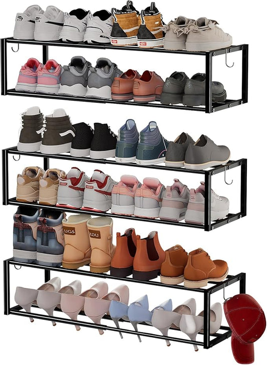 3 Pack Expandable Wall Mounted Shoe Rack, 17"-31" Adjustable Hanging Shoe Rack Holds 24 Pairs, Heavy Duty Metal Shoe Holder with 6 Storage Hooks, Space Saving for Entryway Closet Doorway（Black