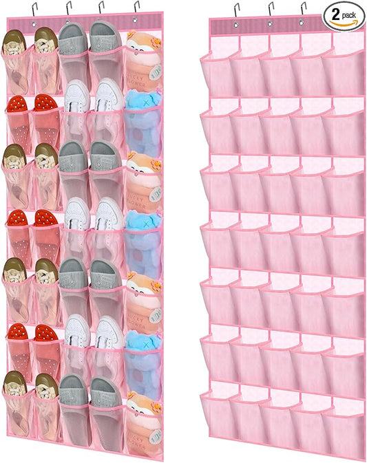 Windyun 2 Pcs 70 Large over The Door Shoe Organizer Hanging Shoe Rack for Closet Holder Pink Mesh Pockets Back to School Behind Door Hanger Storage Nonslip for Home Room School Dorm, Each 35 Pockets