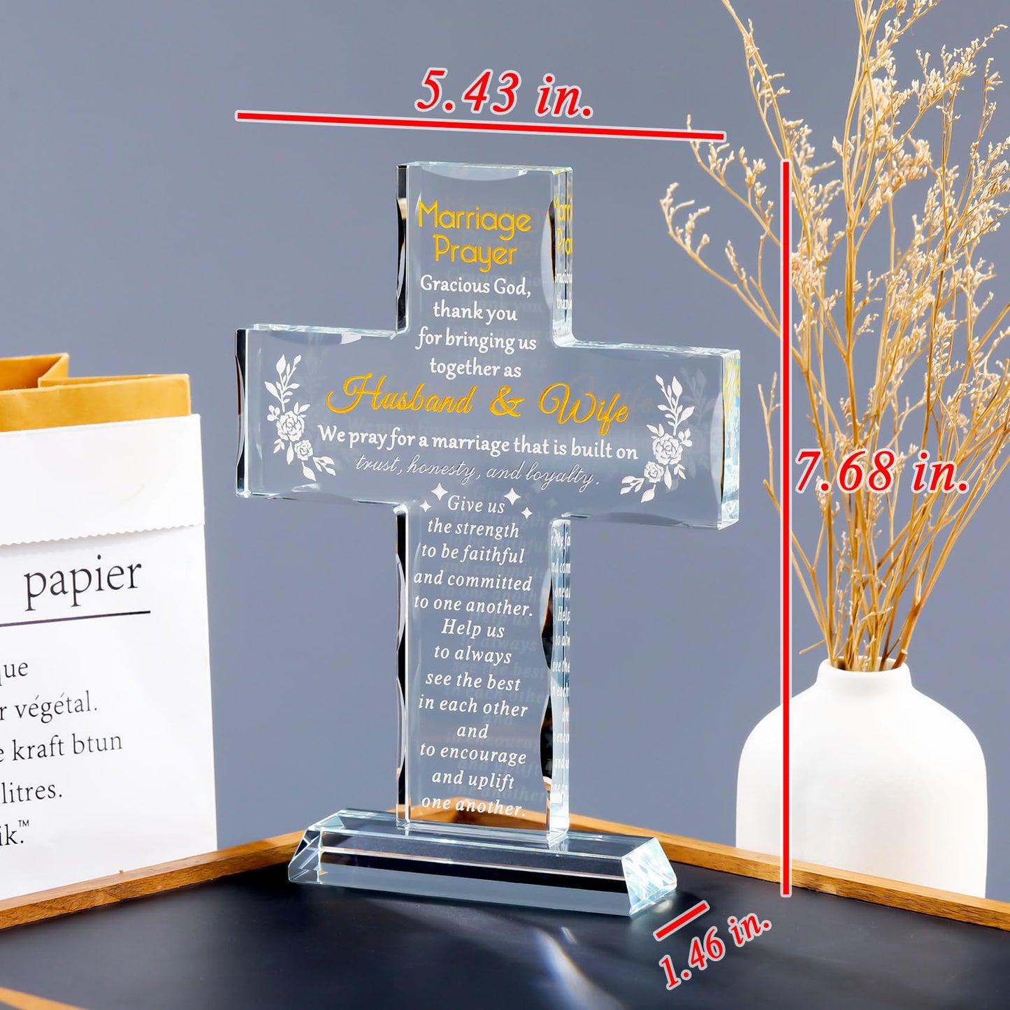 YWHL Glass Marriage Prayer Cross Wedding Gifts for Couples, Religious Cross Engagement Gifts for Bride and Groom, Bridal Shower Gift for Women Men