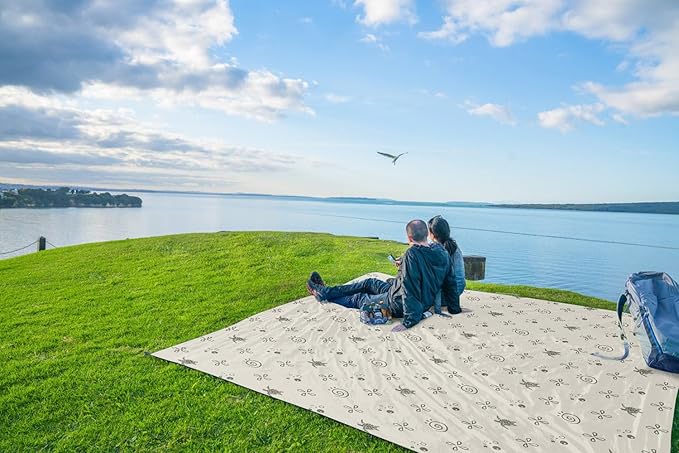 WEKAPO Beach Blanket Waterproof Sandproof Oversized Extra Large Sand Free Beach Mat with Stakes, Storage Bag - Essentials for Outdoor Beach, Picnic (Light Small Sea Turtle, 11 X 9 FT (1~10 Person))
