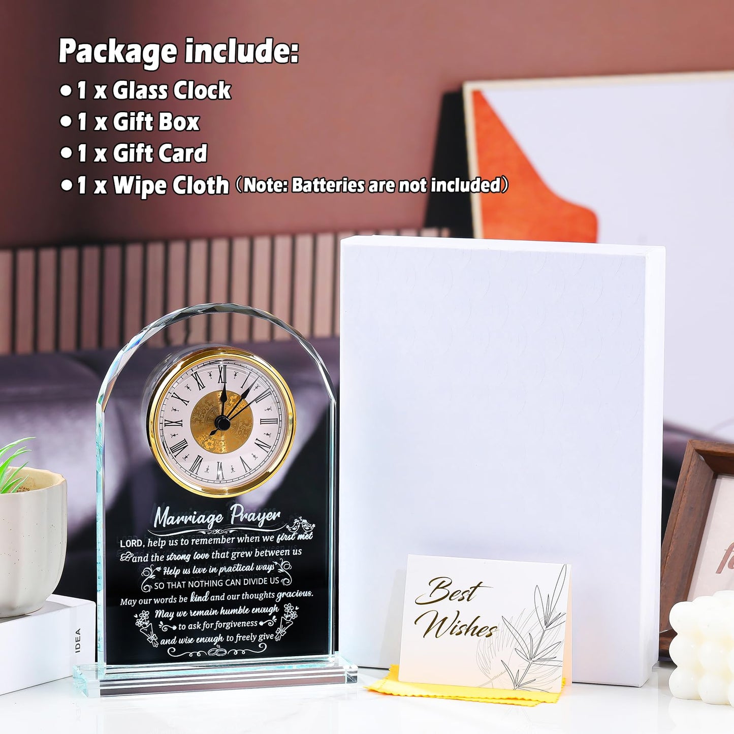 Glass Clock Wedding Gifts for Couples Newlywed 2025, Happy Anniversary Marriage Prayer Gift with Inspiring Quotes for Mr and Mrs, Engagement Presents Home Decoration