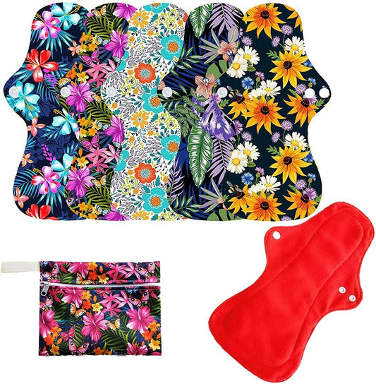 6Pcs Resuable Waterproof Menstrual Pad Sets Including 1Pc Mini Wet Bag and 5Pcs Heavy Flow Red Color Microfleece Stay Dry Menstrual Pads Mama Cloth Sanitary Napkins…