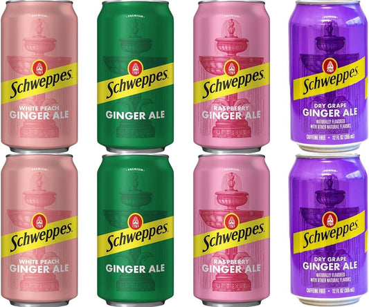 Schweppes Ginger Ale Variety Pack, 4 Flavor White Peach, Regular, Raspberry, Dry Grape, 12 fl oz cans