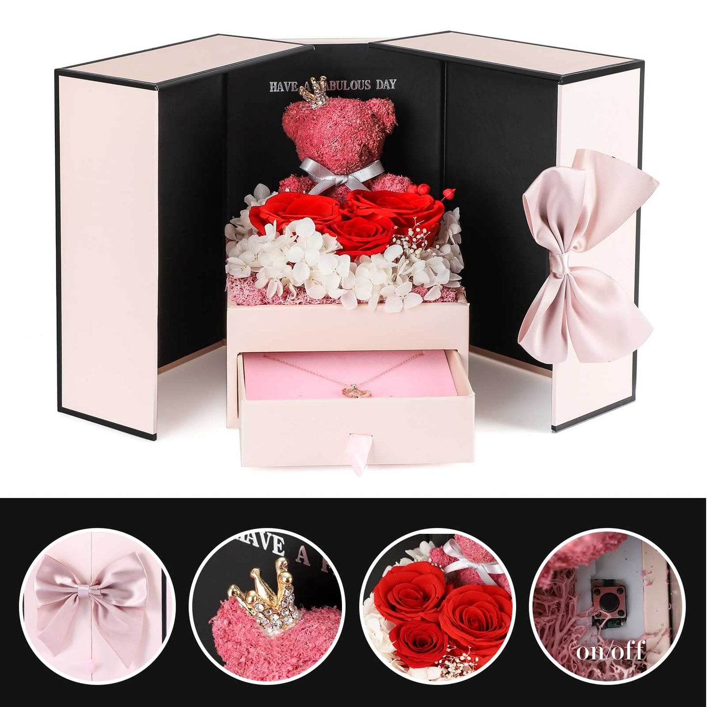 ADDWel Rose Gifts for Women - Preserved Real Roses Forever Red Flowers with I Love You in 100 Languages Necklace and Cute Moss Bear for Girlfriend Wife Mom Grandma on Birthdays, Anniversaries