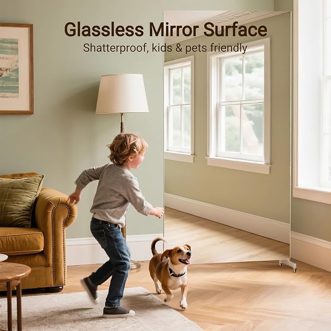 76" x 34" Full Length Standing Mirror on Wheels, Large Glassless Rolling Mirrors with Brakes, Shatterproof Full Body Mirror for Dance Studio/Home Gym, HD Imaging, Easy to Install, Silver