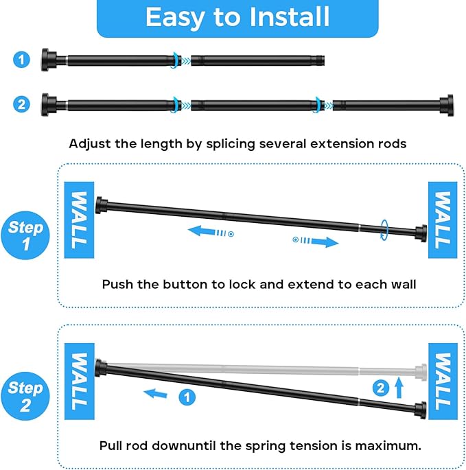 Shower Curtain Rod 31-76 Inch,0.87"Diameter Adjustable Spring Tension Curtain Rods No Drill,Matte Black Shower Tension Rod for Bathroom,Room Divider,Window,Anti-Rust Non-Slip 2-Pack