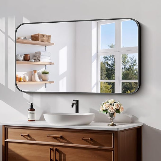 Koonmi Black Framed Bathroom Mirror - 24x42 Inch Shatterproof Tempered Glass Vanity Mirror for Bathroom Sink, Wall Mounted with Matte Aluminum Alloy Frame, No Distortion, Modern Decor