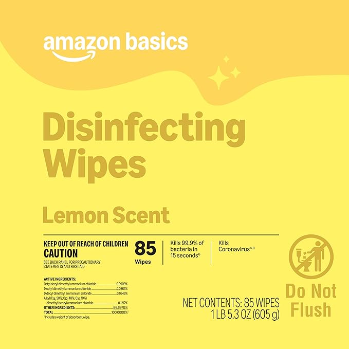 Amazon Basics Disinfecting Wipes, Lemon & Fresh Scent, Sanitizes, Cleans, Disinfects & Deodorizes, 255 Count (3 Packs of 85), Packaging May Vary