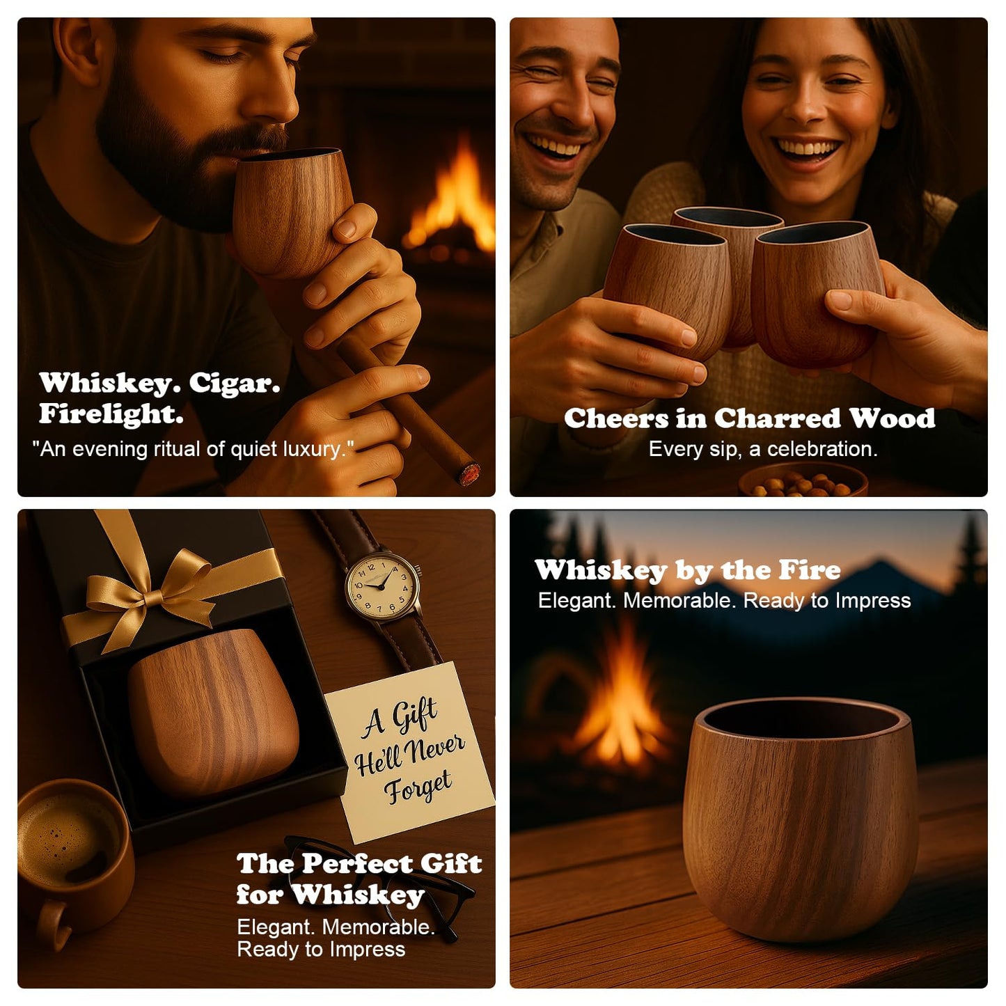 Original Charred Wooden Bourbon Drinking Glass Set,11oz Handcrafted Premium Acacia Whiskey Tumbler, Bourbon Gifts for Men, Dad or Brother, Whiskey Gifts for Men Who Have Everything