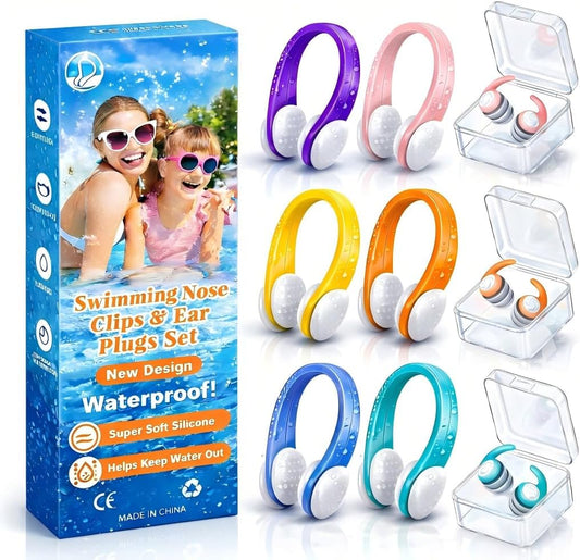 Swimming Nose Clip Ear Plugs - 9 Packs Silicone Swim Nose Plugs with Earplugs for Kids,Waterproof Pool Nose Plug for Diving Surfing and Other Water Sports with Storage Box,Multi-Color