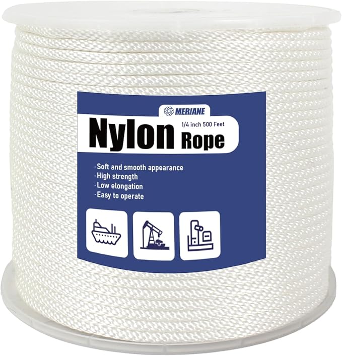 MERIANE Nylon Rope 500 Ft 1/4 Inch â Multipurpose Tightly Braided Rope â Abrasion & UV Resistant â Ideal Use for Camping, Clothesline, Marine, Flag Line - Solid Utility Rope for Indoor Outdoor