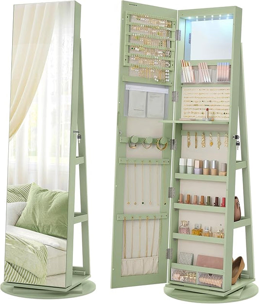 SONGMICS 6 LEDs Lockable Mirror Jewelry Cabinet, 360Â° Swivel Jewelry Organizer Armoire Standing, Frameless Full-Length Mirror, 3 Storage Shelves, Laurel Green Surface, Cream White Lining UJJC007C01