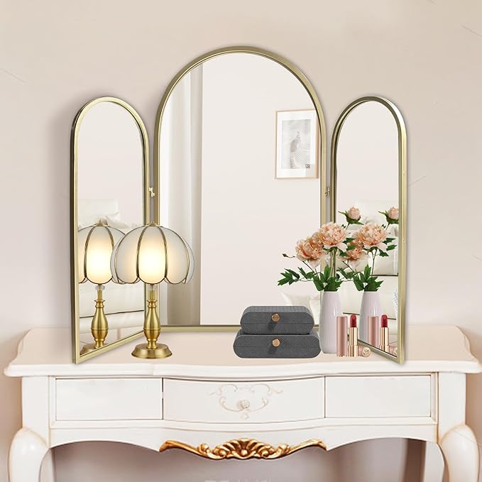 Trifold Vanity Mirrors 3 Way, 30 x 37in Adjustable Vanity Mirrors for Bathroom, Bedroom, Champaign Golden Arch Mirrors Wall Mounted Decoration, Braiding Hair, Makeup 360Â° Way