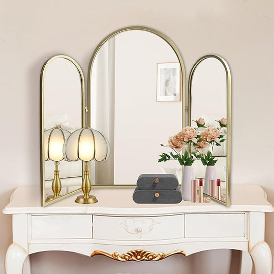 Trifold Vanity Mirrors 3 Way, 30 x 37in Adjustable Vanity Mirrors for Bathroom, Bedroom, Champaign Golden Arch Mirrors Wall Mounted Decoration, Braiding Hair, Makeup 360Â° Way