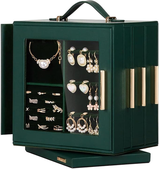 Homde Valentine's Day gifts Jewelry Box 360Â° Rotating, Necklace Earring Organizer with Transparent Window, Mirror, 7 Drawers, Large Ring Display Storage Case for Girls Women (Forest Green)