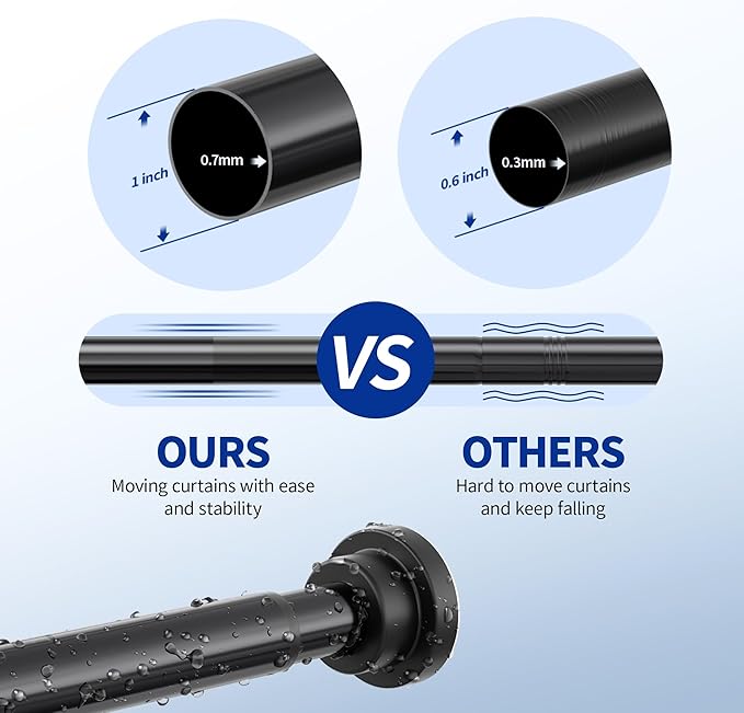 Mcrbeay Shower Curtain Rod, 1" Diameter Heavy Duty Tension Shower Rod, Non Slip Adjustable 28-102 inch No Drilling Shower Curtain Rods Spring Tension For Bathroom, Shower Stall, No Rust, Black