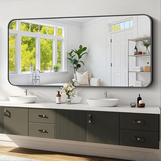 Koonmi Black Framed Bathroom Mirror - 30x71 Inch Shatterproof Tempered Glass Vanity Mirror for Bathroom Sink, Wall Mounted with Matte Aluminum Alloy Frame, No Distortion, Modern Decor