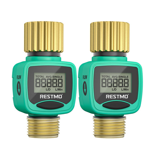 [2 Pack] RESTMO Water Flow Meter, Pure Brass Inlet & Outlet | 4 Measure Modes | Display Gallon/Liter Usage and Flow Rate | Ideal to Outdoor Garden Hose, Lawn Sprinkler Watering, RV Water Tank Filling