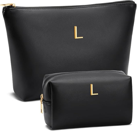 Valentine's Day Gifts for Women Girlfriend Initial Makeup Bag for Teen Girls Personalized Gifts for Friend Teacher Mom Wife Cosmetic Travel Toiletry Bag(Black,L)