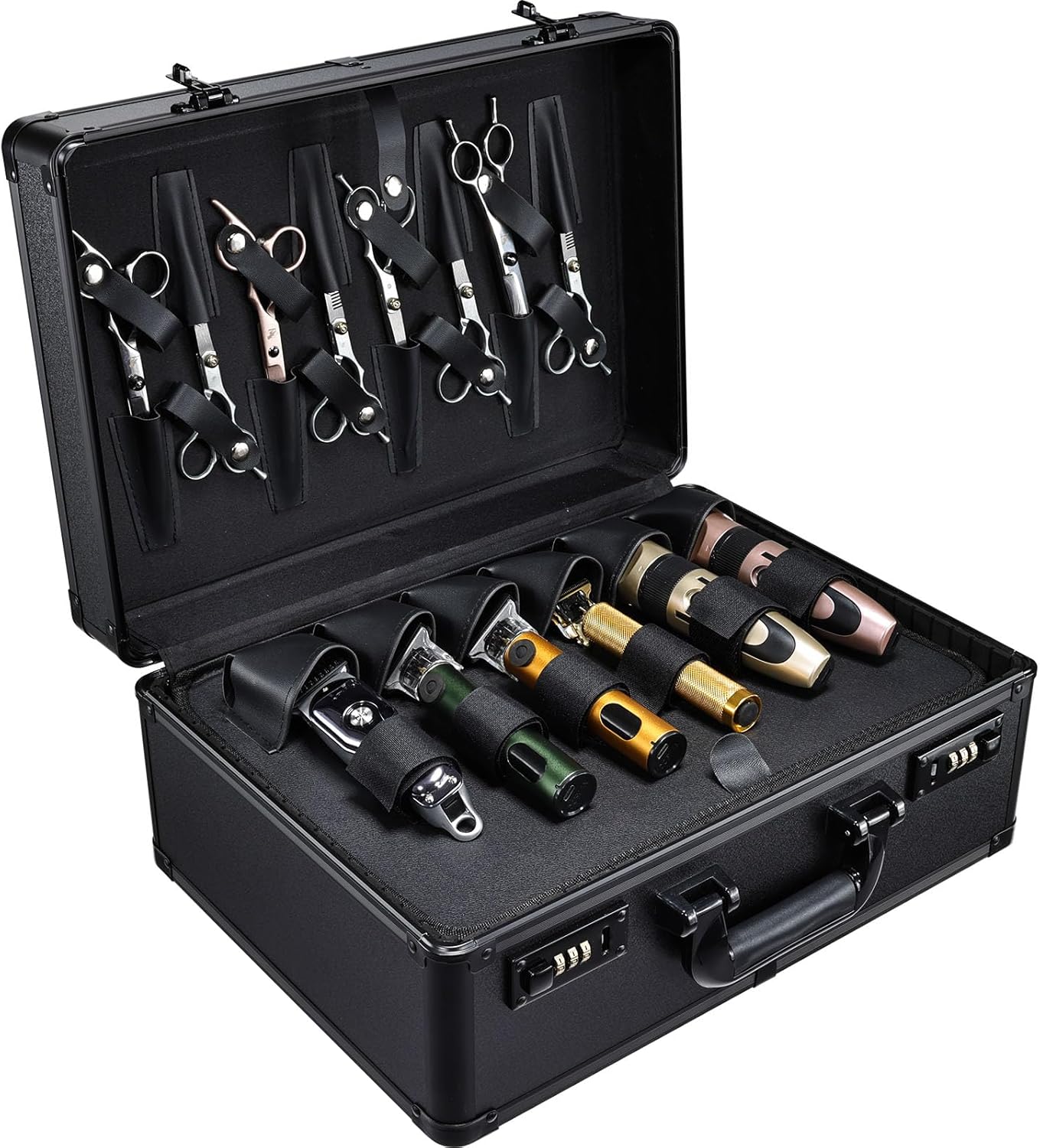 Yueieoun Barber Accessories Case, Profesional Barbers Briefcase Tool Case, Barber Cases for Clippers and Supplies, Hair Scissors Clippers Trimmer Organizer, Barbers Suitcase with Code Lock Black