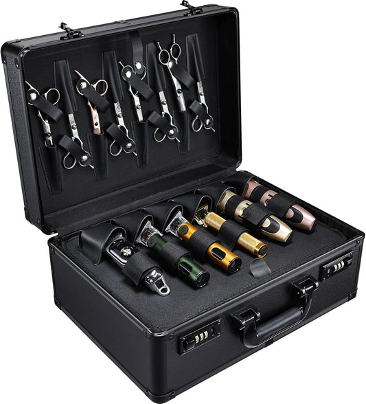 Yueieoun Barber Accessories Case, Profesional Barbers Briefcase Tool Case, Barber Cases for Clippers and Supplies, Hair Scissors Clippers Trimmer Organizer, Barbers Suitcase with Code Lock Black