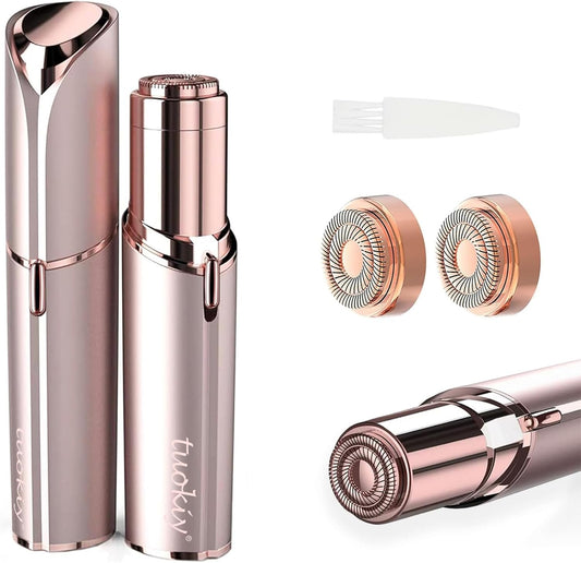 tuokiy Women Facial Hair Removal Device Battery Operated with 2 Replacement Heads,Ladies Face Shaver for Peach Fuzz Upper Lip,Chin, Facial Hair Removal for Women, Rose Gold