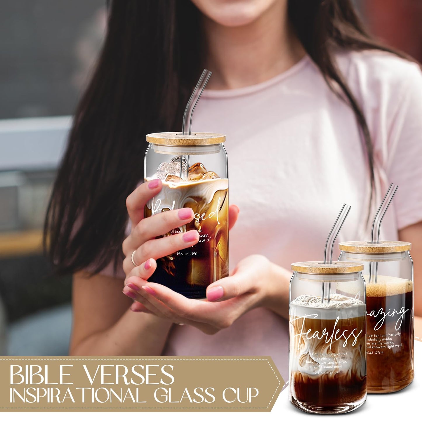 Funnymoom 12 Pcs Grandparents Day Christian Gift Bulk Glass Cups with Bamboo Lids and Straw 16 oz Bible Verse Coffee Cup Christian Religious Gift for Church Sunday School Bible Study Office (12 Style)