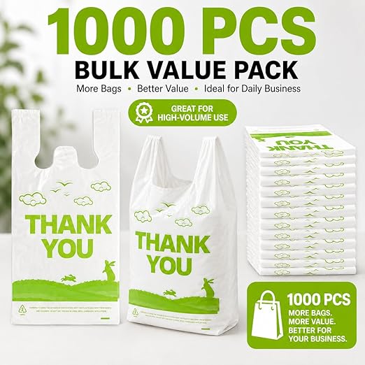 YoYoRain 1000 Pack White Design Thank You T-Shirt Bags with Handles, 11"x6"x21" Plastic Shopping Bags for Grocery, Retail & Takeout
