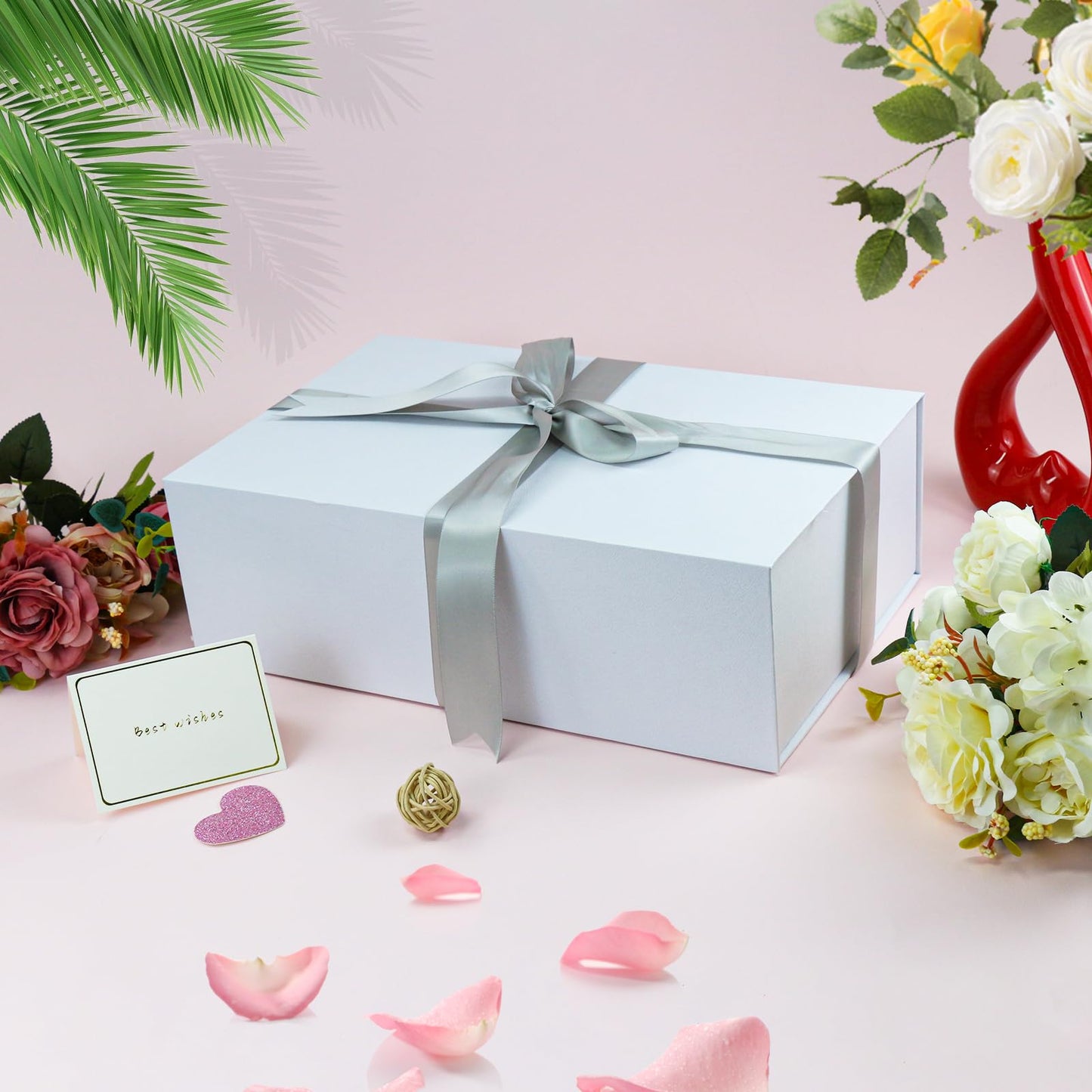 YINUOYOUJIA Large White Gift Boxes with Lid,14"x9"x4.5" Magnetic Gift Box with Ribbon,Cards and Envelopes for Presents,Great for Wedding,Birthdays,Crafting,Gift Packaging.