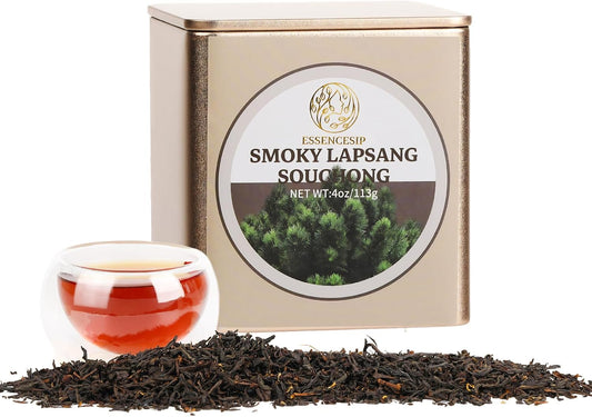 ESSENCESIP Smokey Lapsang Souchong Black Tea Loose Leaf - 4oz Tea Sampler Pinewood Smoked in resuable Tin, Rich Smoky Flavor